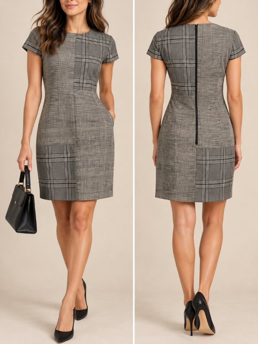 Alice + Olivia Coley Mixed Plaid Patchwork Shift Dress Gray Size 10